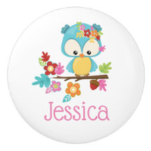 Cute Forest Owl Baby Girl Personalised Monogram Ceramic Knob