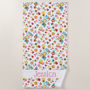 Cute Forest Owl Kawaii Girls Personalised Name Beach Towel