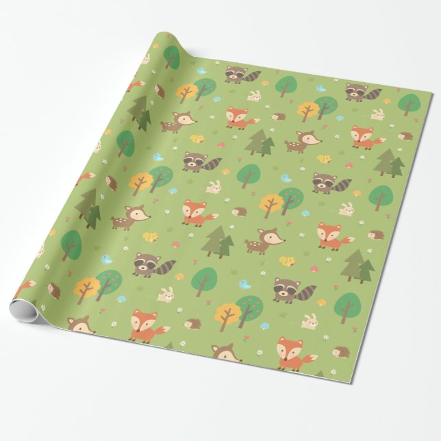 Cute Forest Woodland Animal Pattern For Kids Wrapping Paper (Unrolled)