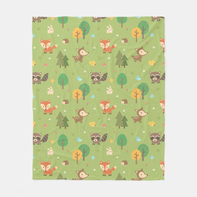Cute Forest Woodland Animal Pattern Green Fleece Blanket (Front)