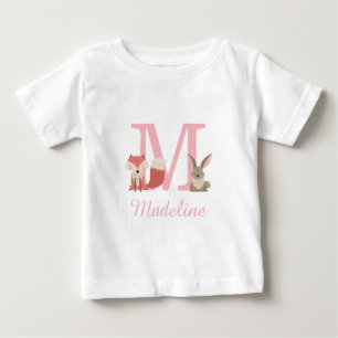 Cute Forest Woodland Animals Pink Monogram Baby T-Shirt
