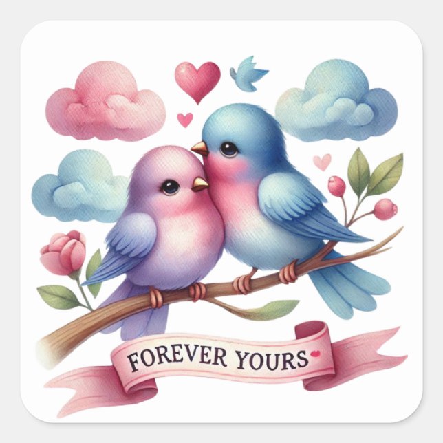 Cute forever yours bird couple Valentine Square Sticker (Front)