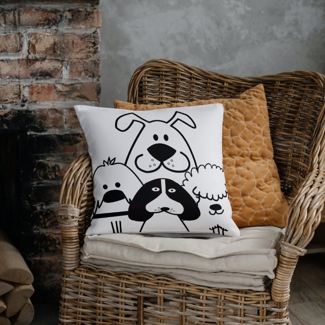 Cute Four Black and White Dog Doodles Cushion (Cute pillow for dog lovers.)