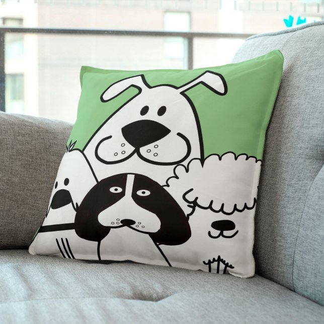 Cute Four Black and White Dog Doodles Cushion (Cute Four Black and White Dog Doodles Throw Pillow)