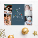 Cute Four Photo Collage Christmas  Holiday Postcard<br><div class="desc">Cute Christmas Photo template postcard featuring festive fun text in modern elegant calligraphy script that says "eat, sleep, and be merry". There is a watercolor illustration of a red and green holly in between the text which looks like a Christmas tree! On the celestial blue background. Add your four favourite...</div>