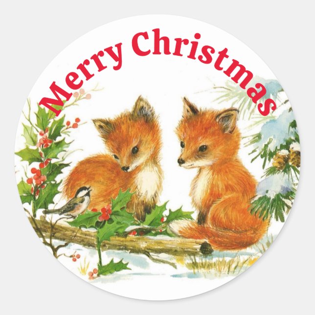 Cute Fox and Chickadee in the Snow Christmas Classic Round Sticker (Front)