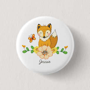 Cute fox and floral custom name 3 cm round badge