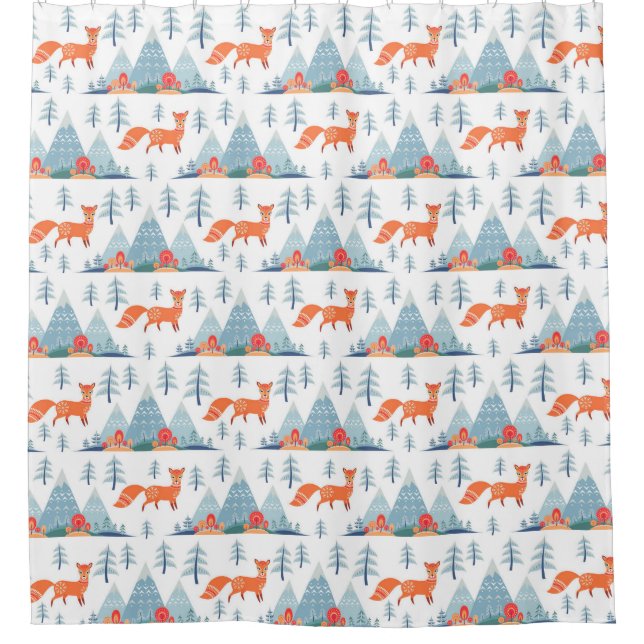 Cute Fox and Mountains Pattern Illustration Shower Curtain (Front)