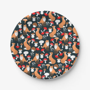 Cute Fox and Mushrooms Paper Plates