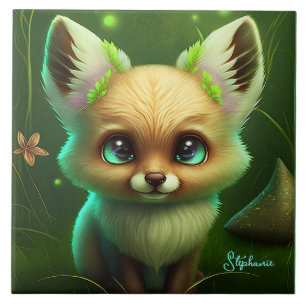 Cute Fox And Orange Flower Green Tile