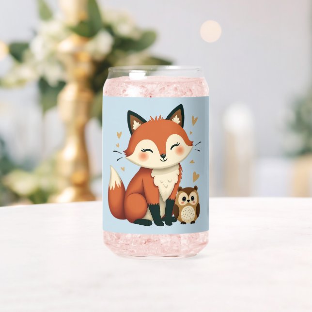 Cute Fox and Owl Whimsical Woodland Illustration Can Glass (Insitu (Wedding))