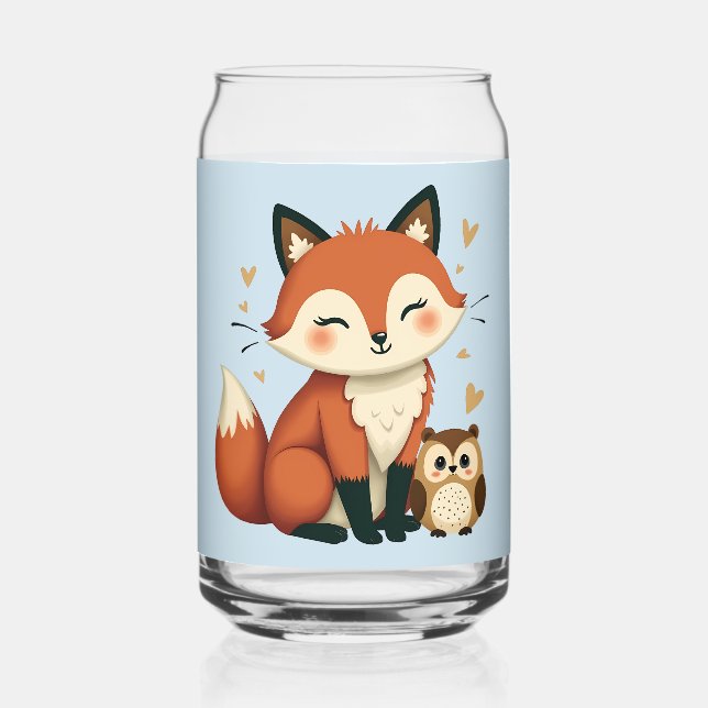 Cute Fox and Owl Whimsical Woodland Illustration Can Glass (Front)