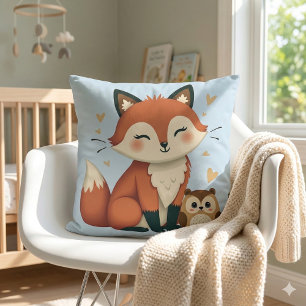 Cute Fox and Owl Whimsical Woodland Illustration Cushion