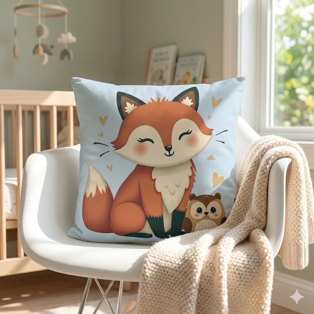 Cute Fox and Owl Whimsical Woodland Illustration Cushion (Cute Fox and Owl Whimsical Woodland Illustration Throw Pillow Mockup A)