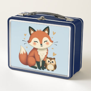 Cute Fox and Owl Whimsical Woodland Illustration Metal Lunch Box