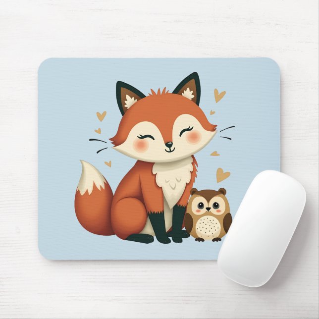 Cute Fox and Owl Whimsical Woodland Illustration Mouse Mat (With Mouse)