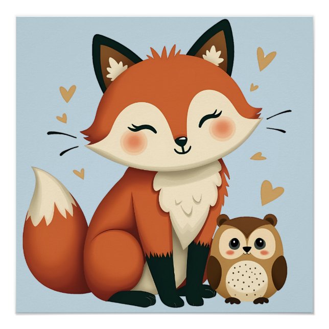 Cute Fox and Owl Whimsical Woodland Illustration Poster (Front)