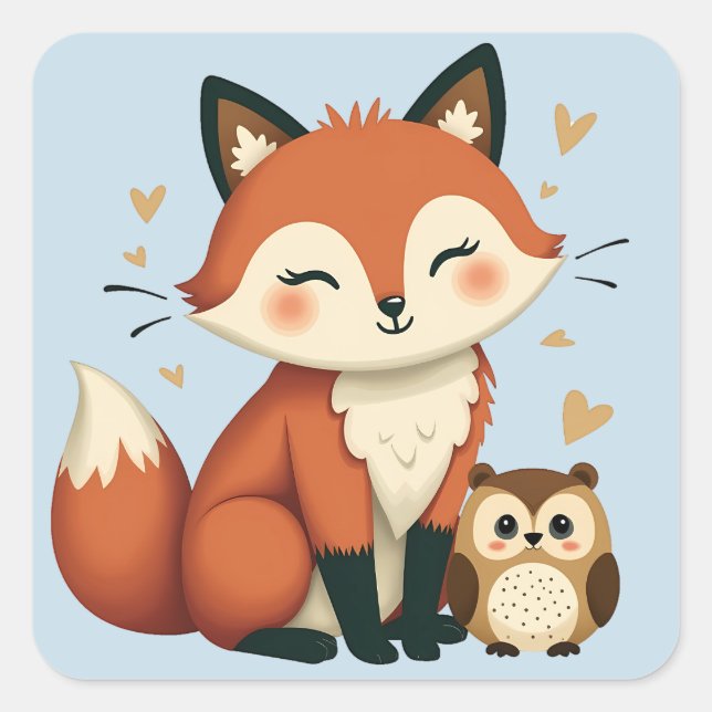 Cute Fox and Owl Whimsical Woodland Illustration Square Sticker (Front)