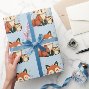 Cute Fox and Owl Whimsical Woodland Illustration Wrapping Paper