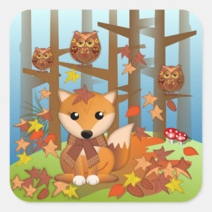 Cute fox and owls in autumn square sticker
