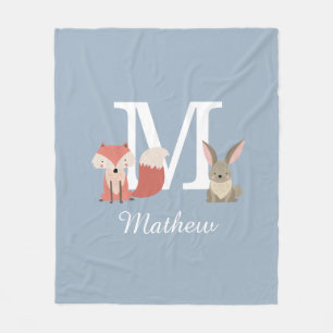 Cute Fox And Rabbit Forest Animals Monogram Blue Fleece Blanket