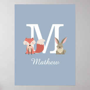 Cute Fox And Rabbit Forest Animals Monogram Blue Poster