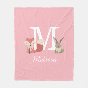 Cute Fox And Rabbit Forest Animals Monogram Pink Fleece Blanket