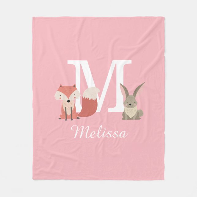 Cute Fox And Rabbit Forest Animals Monogram Pink Fleece Blanket (Front)