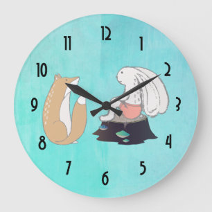 Cute Fox and Rabbit Woodland Creatures Drawing Large Clock