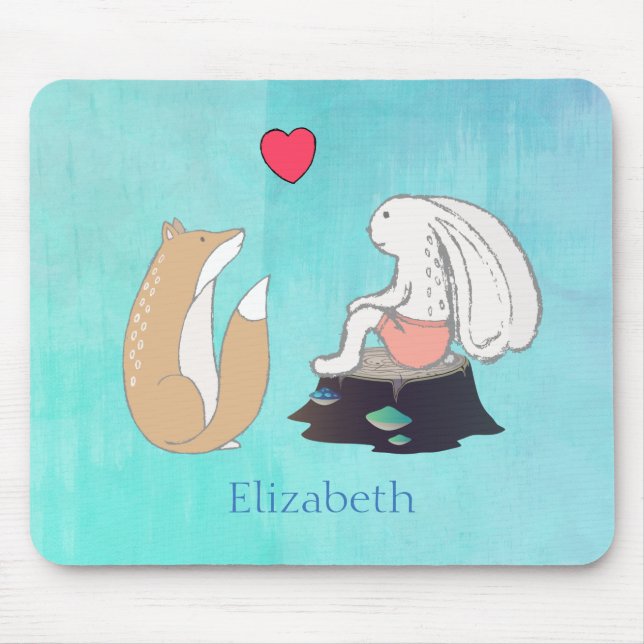 Cute Fox and Rabbit Woodland Creatures Drawing Mouse Mat (Front)