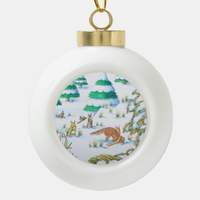 cute fox and rabbits christmas snow scene ceramic ball christmas ornament (Front)