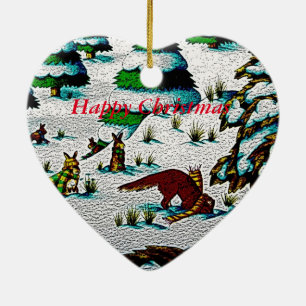 cute fox and rabbits christmas snow scene ceramic tree decoration