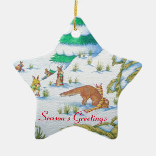 cute fox and rabbits christmas snow scene ceramic tree decoration