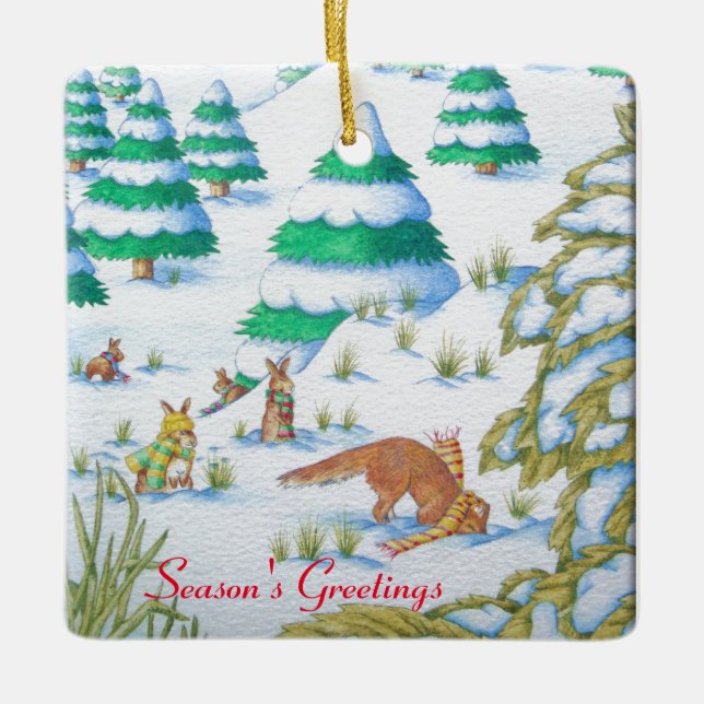 cute fox and rabbits christmas snow scene ceramic tree decoration (Front)