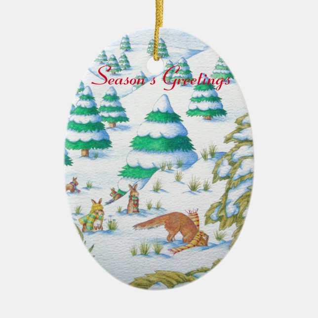 cute fox and rabbits christmas snow scene ceramic tree decoration (Front)