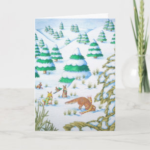 cute fox and rabbits christmas snow scene holiday card