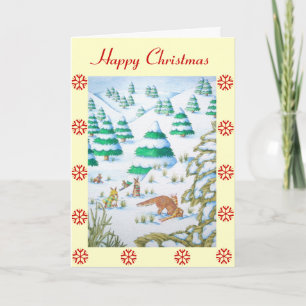 cute fox and rabbits christmas snow scene holiday card