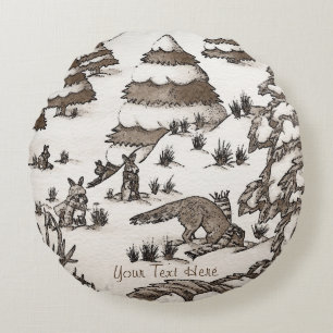 cute fox and rabbits christmas snow scene round cushion