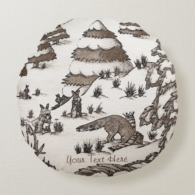 cute fox and rabbits christmas snow scene round cushion (Front)