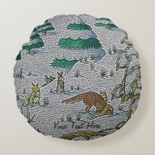 cute fox and rabbits christmas snow scene round cushion