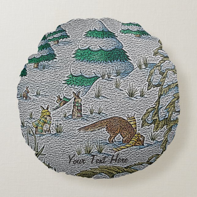 cute fox and rabbits christmas snow scene round cushion (Front)