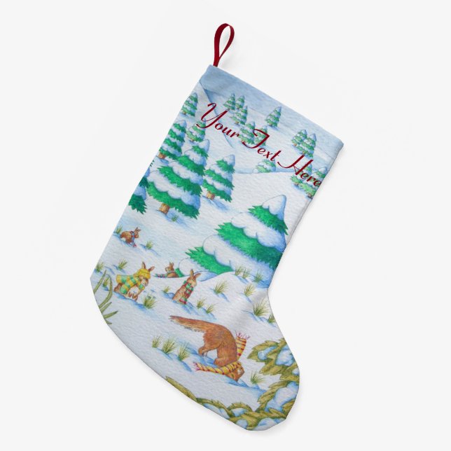 cute fox and rabbits christmas snow scene small christmas stocking (Front (Hanging))