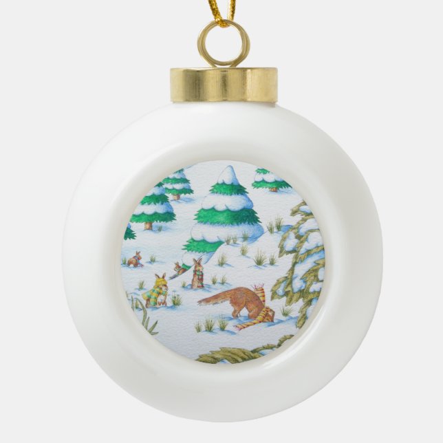 cute fox and rabbits wildlife snow scene ceramic ball christmas ornament (Front)
