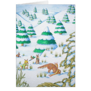 cute fox and rabbits winter snow scene