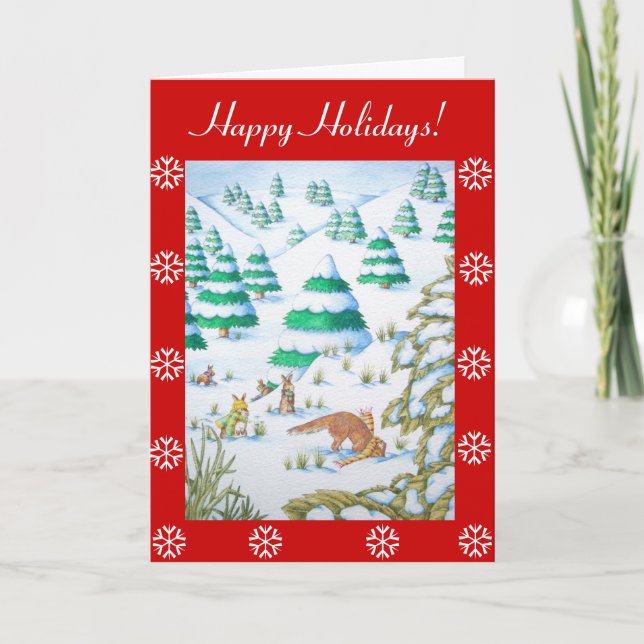 cute fox and rabbits winter snow scene christmas holiday card (Front)