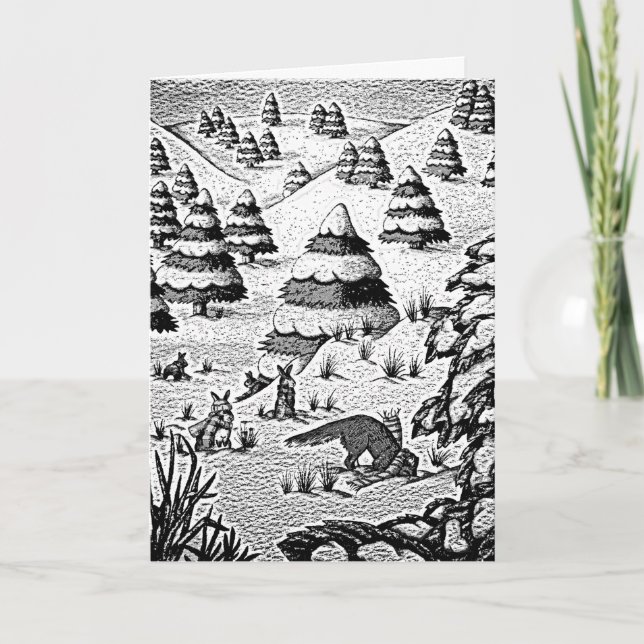 cute fox and rabbits winter snow scene holiday card (Front)