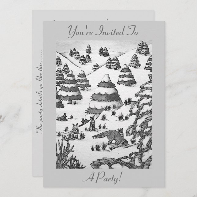 cute fox and rabbits winter snow scene invitation (Front/Back)