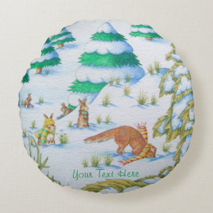 cute fox and rabbits winter snow scene round cushion