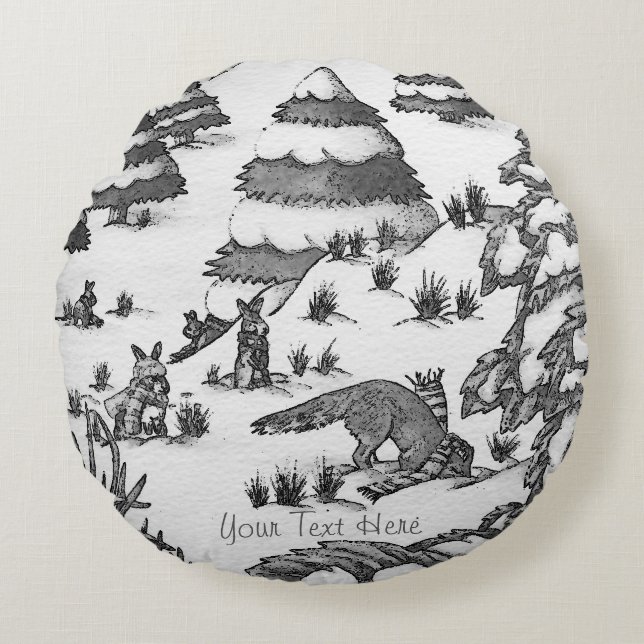 cute fox and rabbits winter snow scene round cushion (Front)