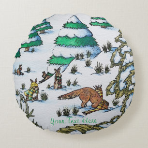 cute fox and rabbits winter snow scene round cushion